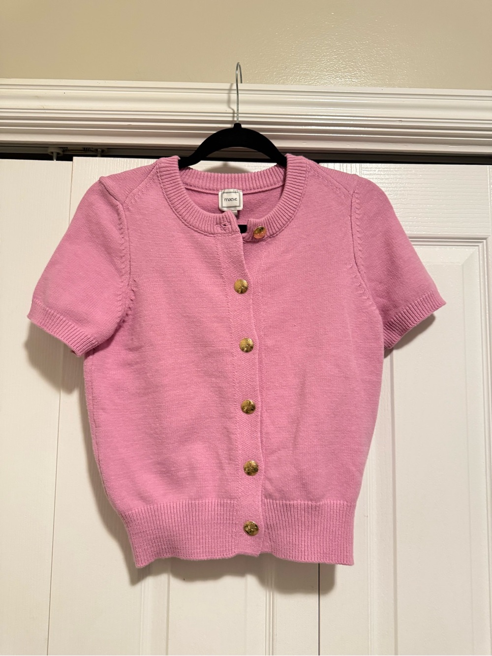 Maeve Pink Short-Sleeve Knit Cardigan with Gold Buttons